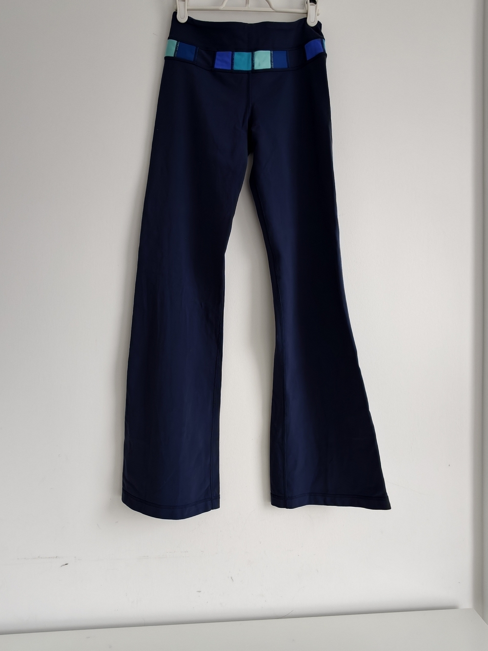 Lululemon Athletic Navy Flared Yoga Pants with Teal & Blue Waistband